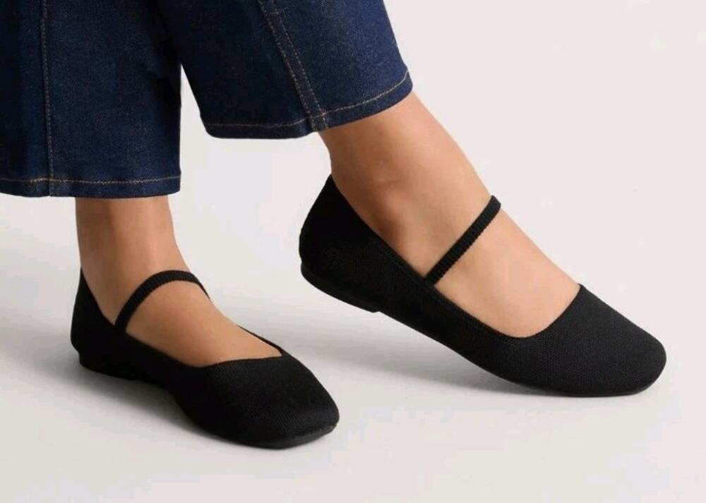 Rothy's The Max Square Mary Jane W8 Black Knit Ballet Flat Blue Halo 075